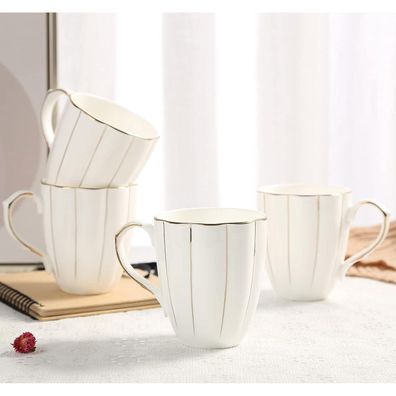 DUJUST Kaffeebecher Set (400ml) Britischer Stil Bone China Weiß Goldrippen