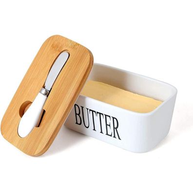 Webao Butterdose Keramic Emaille Multi-Funktion mit Holzdeckel