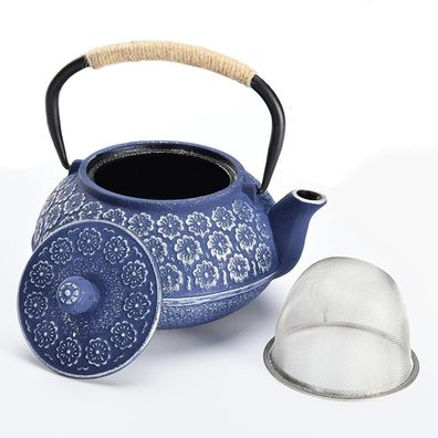 Teekanne Gusseisen mit Edelstahl Siebeinsatz 1000ml Blau Kirschblüte