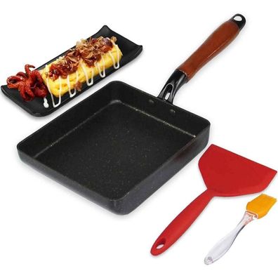 Japanische Omelette-Pfanne Tamagoyaki Eierpfanne mit Silikon-Spatel und Pinsel