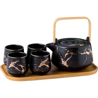 Japanisches Keramik-Teeset Teekanne 4 Tassen Holztablett Schwarz