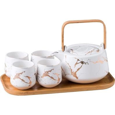 Japanisches Keramik Teeset Teekanne 4 Teetassen Holztablett Marmor