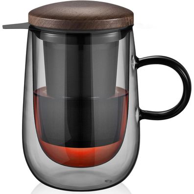 Doppelwandige Glastasse 430ml Schwarz Teetasse Borosilikatglas Henkel Metallsieb