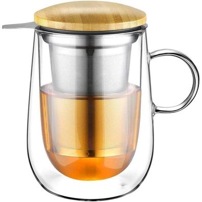 Doppelwandige Glas Teetasse Metallsieb Borosilikat 430ml transparent