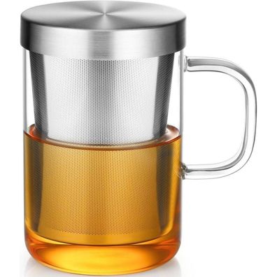 ecooe 500ml Glas Teetasse Borosilikat Silber Edelstahl Sieb Deckel