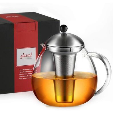 Glas Teekanne 1500ml Edelstahl Teesieb Borosilicat Teebereiter Transparent