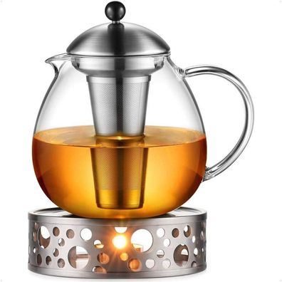 Glastal 1500ml Silberne Teekanne Stövchen Edelstahl Glas Teewärmer Suit