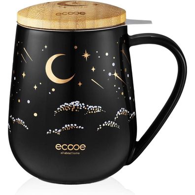 Teetasse mit Deckel und Sieb 600ml Schwarz Keramik Teebecher Set Henkel