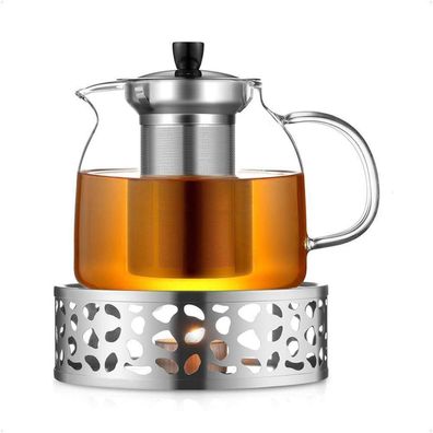Teekanne 1000ml Stövchen Glas Edelstahl Teewärmer Type6 Silber