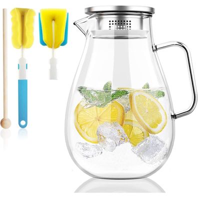Glaskrug 2 Liter Karaffe Filter Deckel Rührstab Bürste Eistee Wasserkrug Kaltes