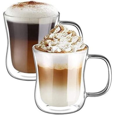 ecooe Doppelwandige Latte Macchiato Gläser 2er Set 350ml Borosilikatglas Henkel