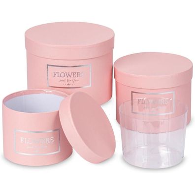 3er Set Runde Blumen-Geschenkboxen mit Deckel - Rosa Ø15/17/20cm