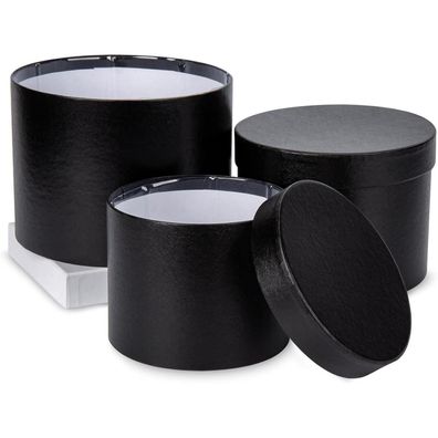 3er Set Runde Geschenkbox Blumenbox mit Folie Schwarz Ø15/17/20cm