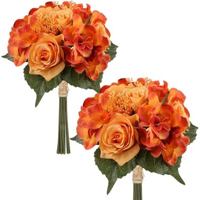 Künstliche Blumenstrauß 2er Set Hortensie Rosenbouquet Höhe 30cm Orange