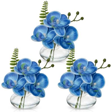 Kunstblumen 3er Set Künstliche Orchideen Dekoblumen Glasvase Blau