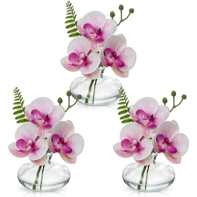 Künstliche Orchideen Kunstblumen 3er Set Deko mit Glasvase Bad Büro Wohnzimmer