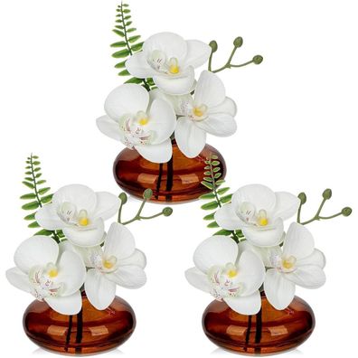 3er Set Künstliche Orchideen Dekoblumen in Glasvase Weiß - Wohnzimmer Büro Bad