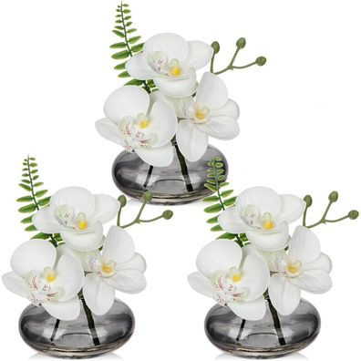 Künstliche Orchideen Kunstblumen 3er Set mit Glasvase Wohnzimmer Deko