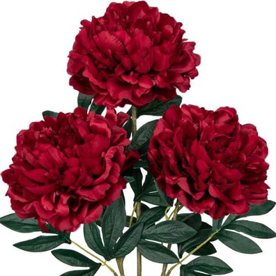 3er Set 74CM Künstliche Pfingstrosen Stiel, Dunkelrote Rosen Vintage Bouquet