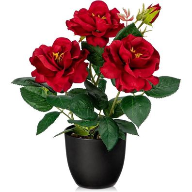 Künstliche Blumen Kunstrosen Deko Rote Rosenbusch 28cm Topf Frühlingsblumen Büro