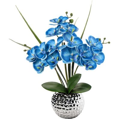 Kunstblume Orchidee Blau Phalaenopsis Deko Höhe 49 cm im Keramiktopf