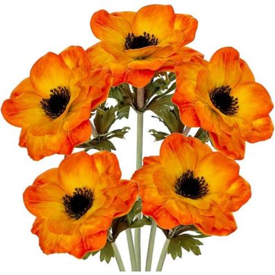 Künstliche Anemonen Orange 5er Set Kunstblumen 53 cm Frühlingsblumen