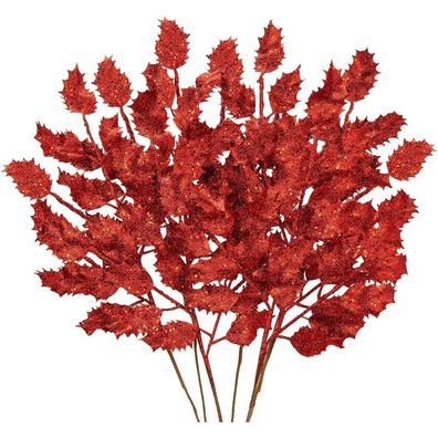 6er Set Kunstzweig Weihnachtsdeko Eichenblätter Glitzernd Dekozweig, Länge 58CM