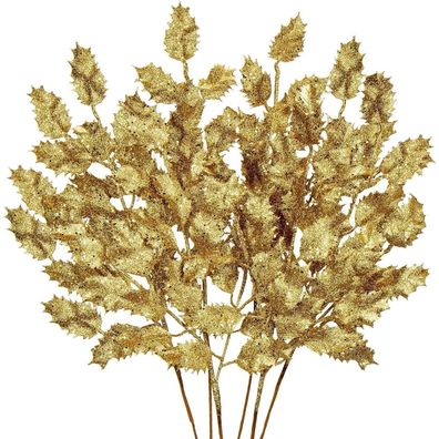 6PCS Kunstzweig Weihnachtsdeko Glitzernde Eichenblätter Zweig 58CM Gold