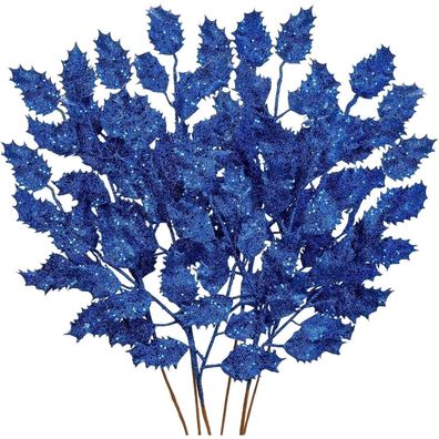 6er Set Kunstzweige Weihnachtsdeko Eichenblätter Glitzernd 58CM Blau