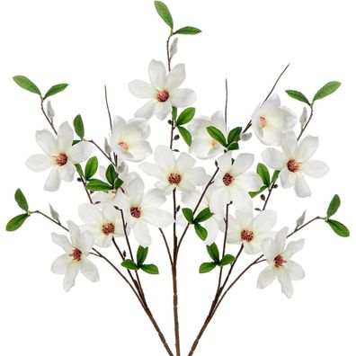 Kunstblumen Magnolie 3er Set Künstlicher Zweig Weiß 64 cm Dekoblumen Vasen Home