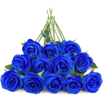 12 Stück Blaue Kunstblumen Langstielige Rosen für Zuhause Hochzeit Party