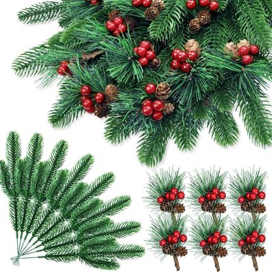 24 Stück Künstliche Tannenzweige Beeren Tannenzapfen Weihnachtsdeko