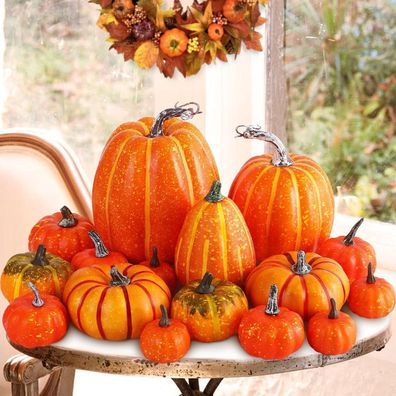 Künstliche Herbst Kürbisse Deko Set Orange 16 Stück für Halloween & Thanksgiving