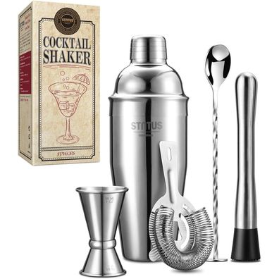 Cocktail Shaker Edelstahl 750ml 5-tlg. Set mit Zubehör Mixer Barkeeper