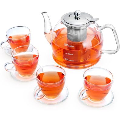 1200ML Borosilikatglas Teekanne Set mit Siebeinsatz 4 Gläser Tee-Ei
