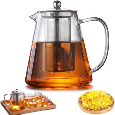 Teekanne mit Siebeinsatz und Deckel, 1300ml Borosilikatglas Teebereiter