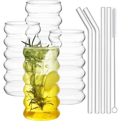 ALINK Gerippte Trinkgläser Set of 4 with Glass Straws 475 ML Bubble Wave