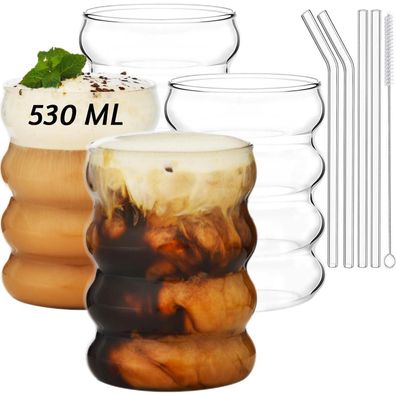 ALINK 4er Set 530ml Gerippte Trinkgläser mit Glasstrohhalmen