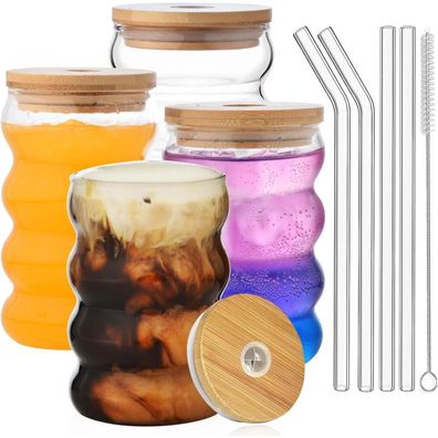 ALINK Gerippte Trinkgläser 4er Set 530ml mit Deckel und Strohhalm