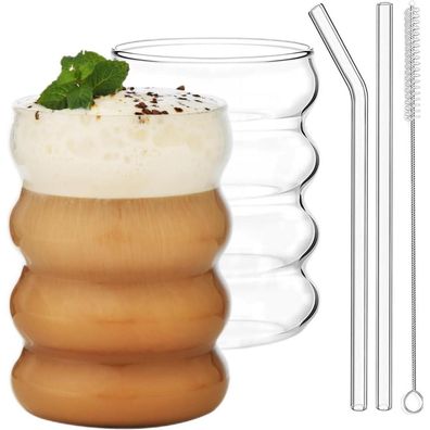 ALINK Plus Size Gerippte Trinkgläser 2er Set 530ml Glasstrohhalme Cocktail