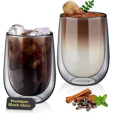 Doppelwandige Kaffeegläser Schwarz, 350ml Latte Macchiato 2er Set