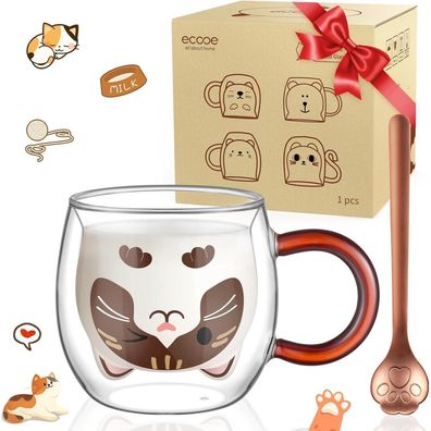 Doppelwandige Katzen Tasse 280ml Gläser Geschenk für Frauen Kinder