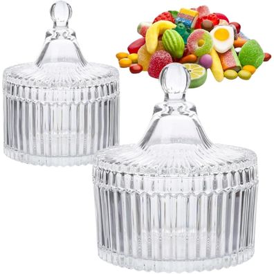 2er Set Kristall Bonbonglas mit Deckel, Transparent Vintage Glasbehälter