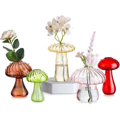 Pilzförmige Glasvase bunt 5er Set Deko Vasen modern Mini für Tischdeko