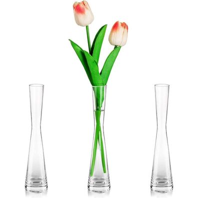 Moderne Glasvase Set 3er Schmal 20cm Hoch Handmade Deko Pampas Tulpen Rose