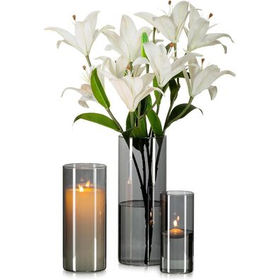 Moderne Anthrazit Glasvase Set Zylinder Rund: 3er Große Vase - 15/20/25cm 1
