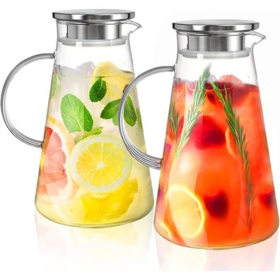Glaskaraffe 2 Liter mit Edelstahldeckel Ausgießer Borosilikatglas Eistee Saft