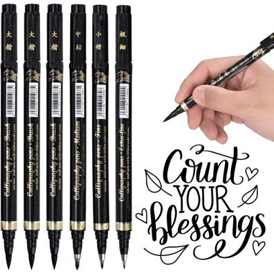 6 Kalligraphie Stifte Pinselstifte 4 Größen Schwarz - Handlettering Bullet