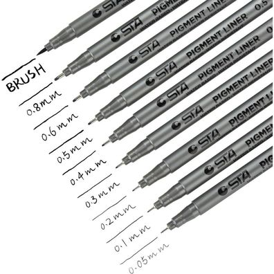DealKits 9 Fineliner Stifte Set Schwarz 0,05-1mm Pinselspitze, wasserdichte