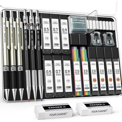 25-teiliges Kunst Druckbleistift-Set mit Etui, Metall-Druckbleistifte 0,5-0,9